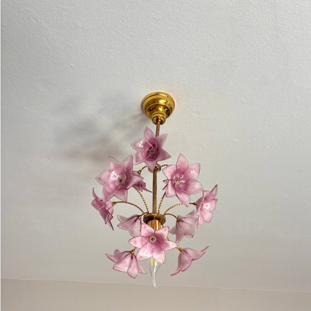 Pink Vintage Italian Murano Style Hand-Painted Pink Floral Pendant Light, Romantic Glass Blossom Chandelier, Dramatic Ceiling Shadow Display For Sale - Image 8 of 17