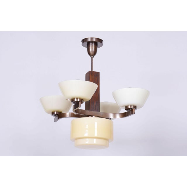 Art Deco Chandelier in Oak, Brass, and Opaline Glass, Czech, 1920s For Sale - Image 4 of 10