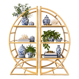 84-Inch Rattan Half-Round Etageres With Smoked Glass Shelves - A Pair For Sale