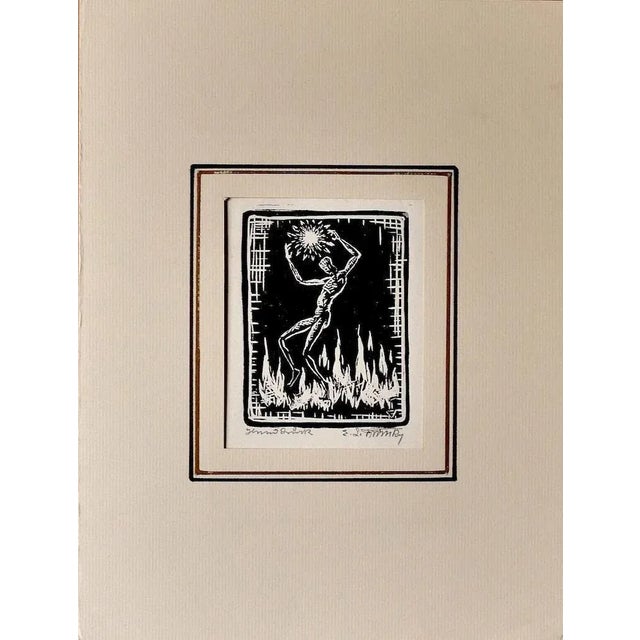Fire is an original woodcut artwork on paper realized in 1937 ca. by Russian artist Erika Lawson Frimke( 1878-1956), Hand-...