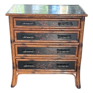 1990s Theodore Alexander Chinoiserie Lacquer Chest Bird Motif W/ Bamboo Hardware 4 Drawer For Sale