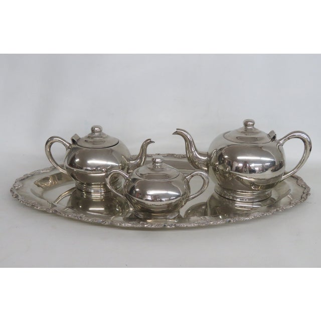 Art Deco Silver Plated Tea Tray Set With 2 Teapots and Lidded Sugar Bowl 4989b For Sale - Image 9 of 9