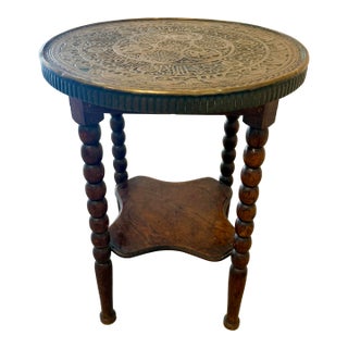 Vintage French Oak Bobbin Leg Table W/Moroccan Brass Top For Sale