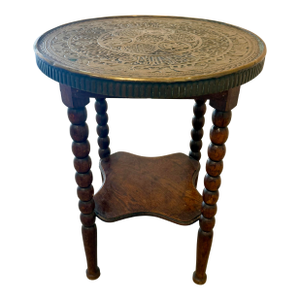 Vintage French Oak Bobbin Leg Table W/Moroccan Brass Top