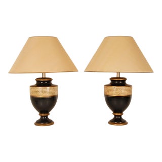 Vintage French Table Lamp Black Gold Vase Lamps Ceramic a Pair For Sale