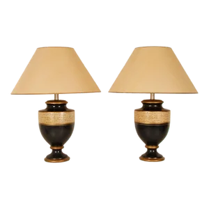 Vintage French Table Lamp Black Gold Vase Lamps Ceramic a Pair