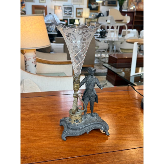 Rococo Rococo Revival Figural Spelter and Etched Glass Trumpet Vase, Antique For Sale - Image 3 of 16