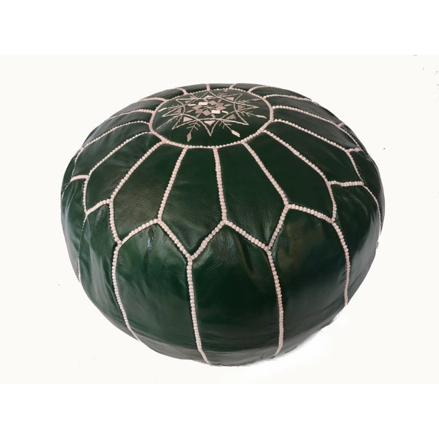 Moroccan Moroccan Green Leather Pouf Cover For Sale - Image 3 of 8