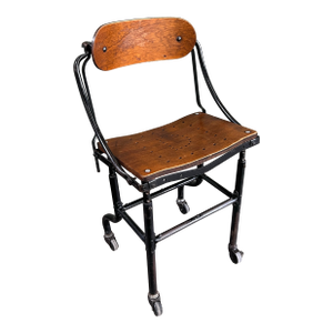 Rare Antique Early DoMore Industrial Rolling Metal Plywood Work Chair Stool