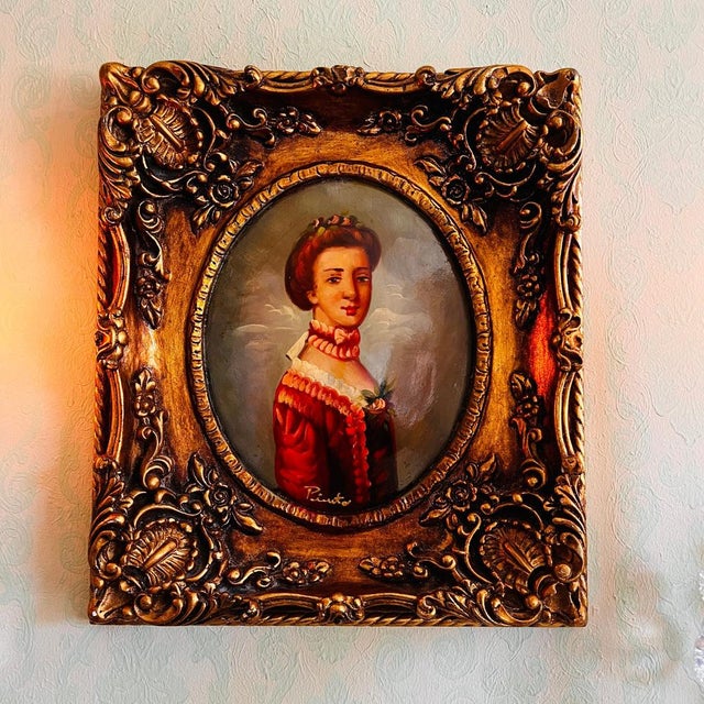 Lady with Roses Portrait, Painting on Wood, Framed For Sale - Image 7 of 7