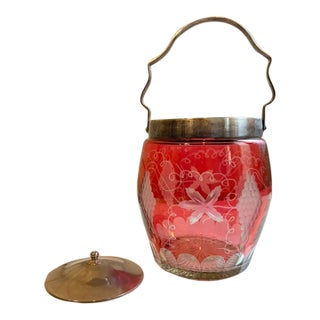 Vintage Bohemia Cranberry Cut-to-Clear Biscuit Jar For Sale