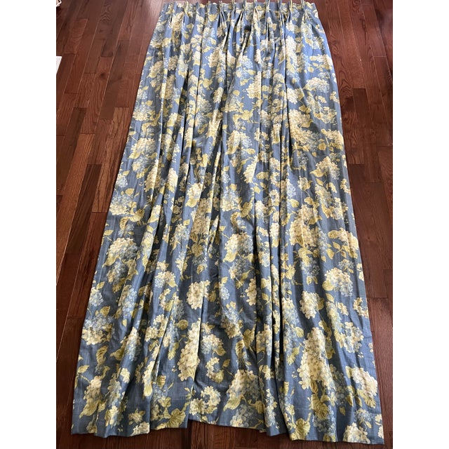 Pair of Extra Long Waverly Chambray Blue Hydrangea Custom Curtains For Sale - Image 4 of 12