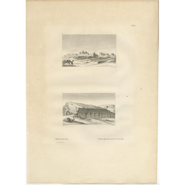 This elegant engraved plate presents two contrasting views of ancient Egyptian ruins set within a broad desert landscape....