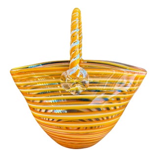 Vintage Art Glass Basket Bowl by Block Crystal – Orange White Striped Murano Style Hand Blown Glass Basket – Decorative Glass Centerpiece For Sale
