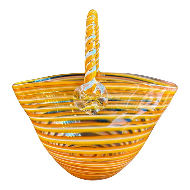 Vintage Art Glass Basket Bowl by Block Crystal – Orange White Striped Murano Style Hand Blown Glass Basket – Decorative Glass Centerpiece For Sale