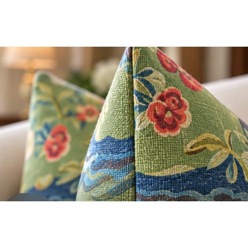 A whimsical pair of custom pillows featuring GP & J Baker x Kit Kemp Knight’s Tale Texture in Spring Green. Inspired by an...