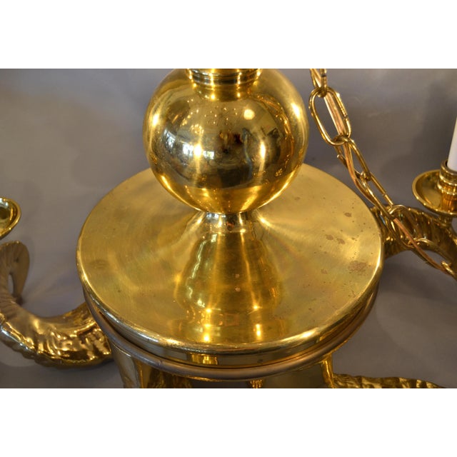 1950s Hollywood Regency Five Light Ram Horn Bronze Chandelier & Canopy For Sale - Image 9 of 12