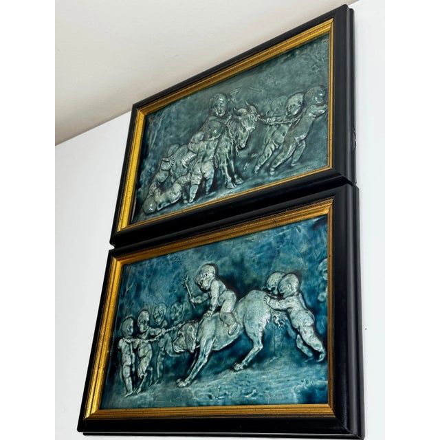 Pair Arts & Crafts Ceramic Relief Plaques Children With Goat & Children With Satyr & Dog c.1909 Attributed to Reginald Robert Tomlinson For Sale - Image 6 of 18