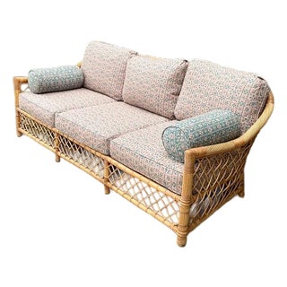 Vintage McGuire Trellis Sofa in Sister Parrish Upholstery For Sale