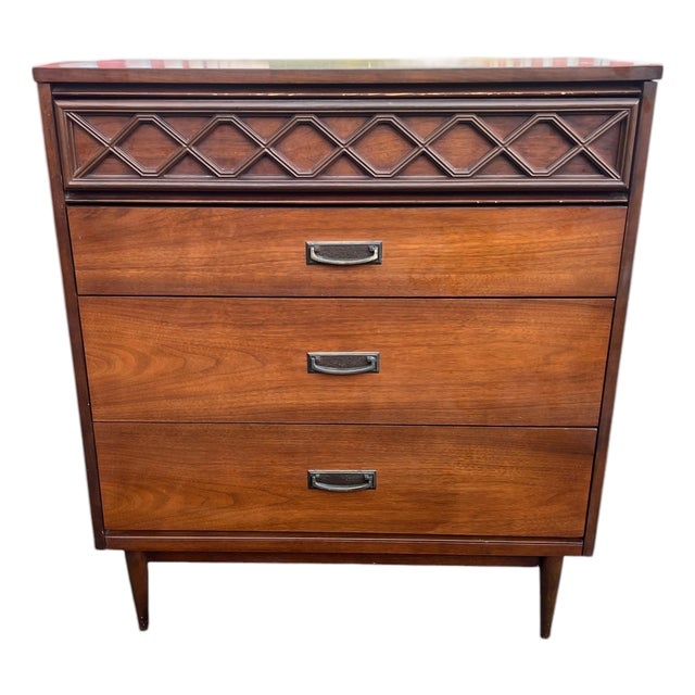 Mid Century Modern Diamond Geometric Design Highboy Dresser Chest For Sale