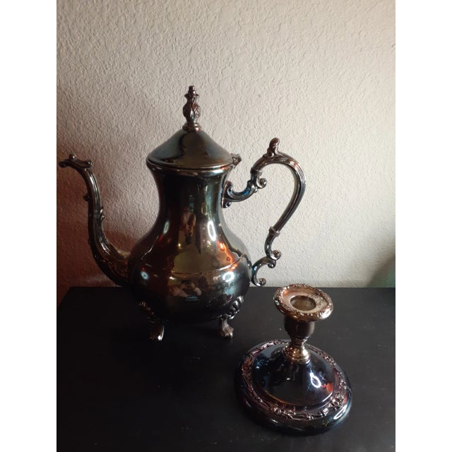 1940s Rogers Silverplated Ornate Footed Teapot & Candle Holder Set - 2 Pieces For Sale In Dallas - Image 6 of 8