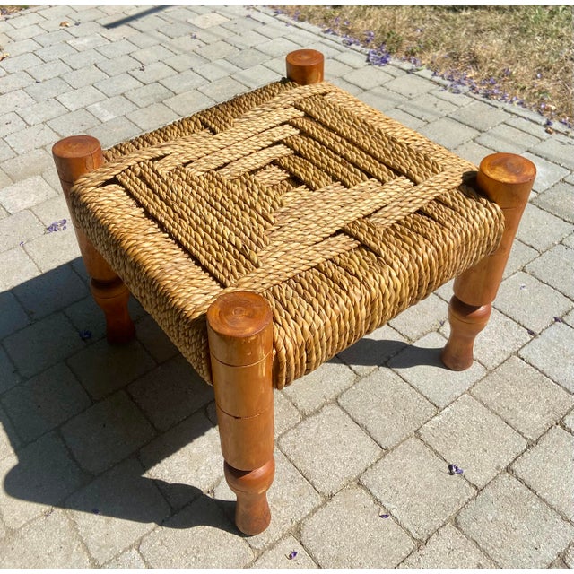 Mid-Century Modern Rope and Wood Stool attributed to Adrien Audoux and Frida Minet, France, 1950s For Sale - Image 3 of 6