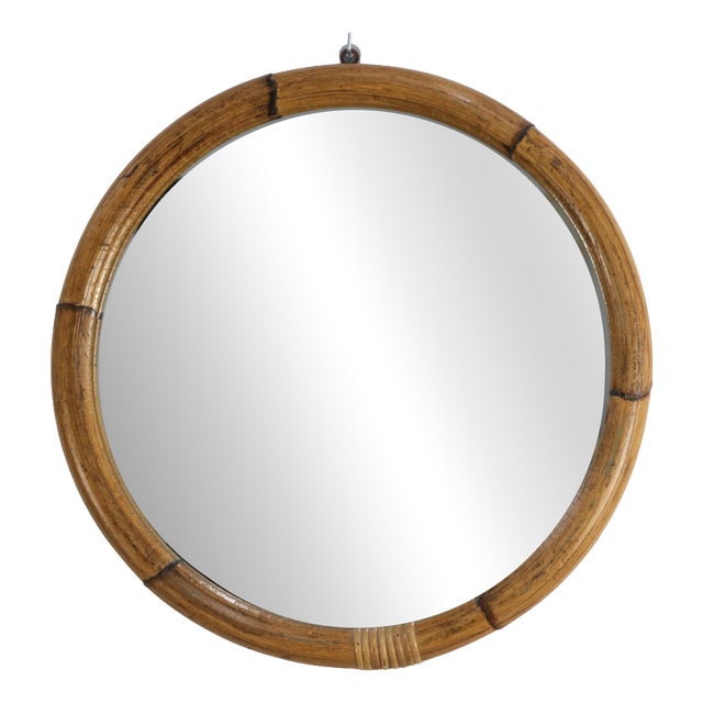 Mid-Century Round Bamboo and Rattan Mirror, Italy, 1970s For Sale