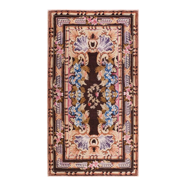 1760s Black Floral Medallion Antique English Axminster Rug 4' X 7' Knotted Wool Carpet For Sale