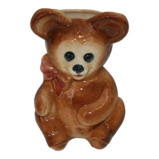 Mid Century Royal Copley Ceramic Brown Sitting Bear Vase With Pink Bow For Sale