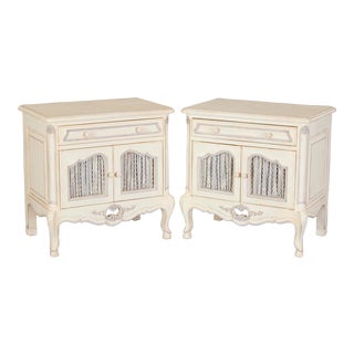 20th C. Pair of Louis XV Style Painted Nightstands With Fabric Door Lining For Sale