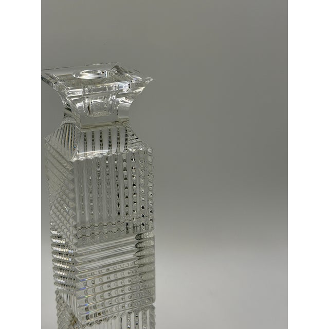 Elegant pair of vintage Belgian crystal candlesticks attributed to Val Saint Lambert, featuring a striking geometric cut...