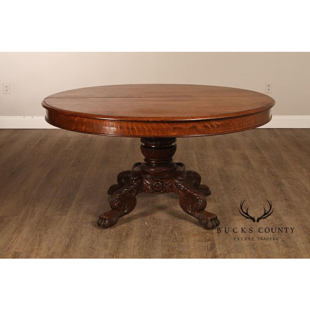 Wood Antique 57" Round Oak Pedestal Dining Table With Carved Claw Feet For Sale - Image 7 of 18