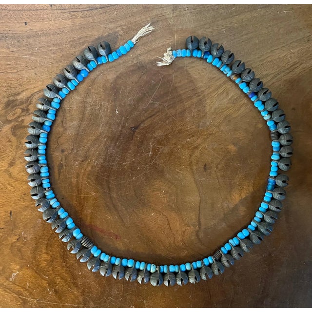 Long Strand of Brass Bronze Bells Strung With Turquoise Glass Trade Beads For Sale - Image 12 of 13