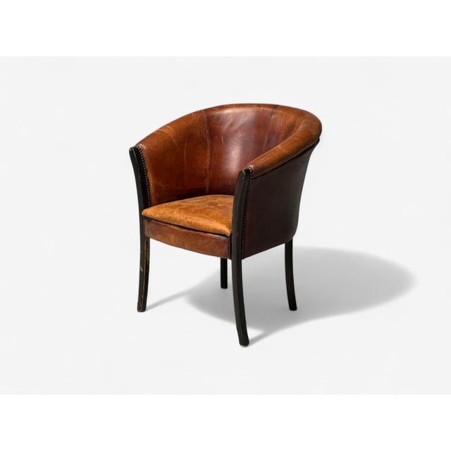 Georgian Style, Distressed Brown Leather, Stained Wood, Arm or Occasional Chair, USA, 1960s A tub chair after Edwardian...