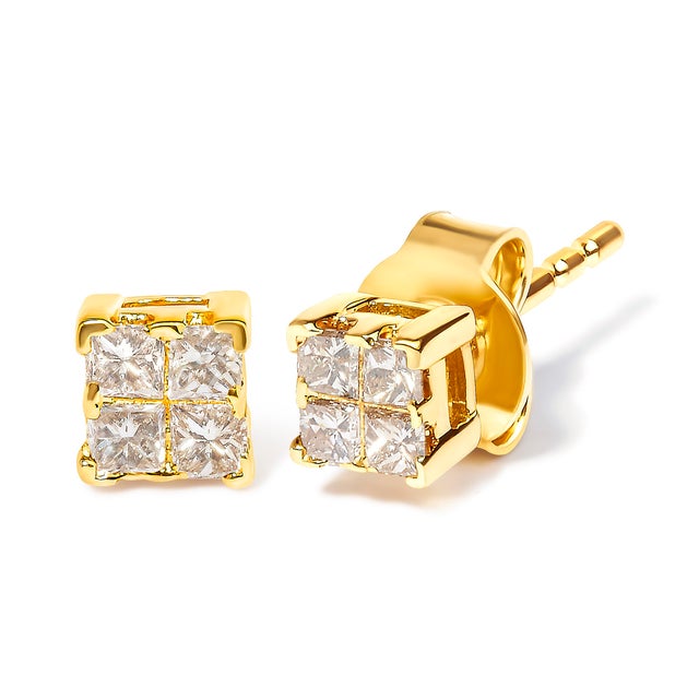 Immerse yourself in the elegance of these meticulously crafted stud earrings, each featuring a quartet of princess-cut...
