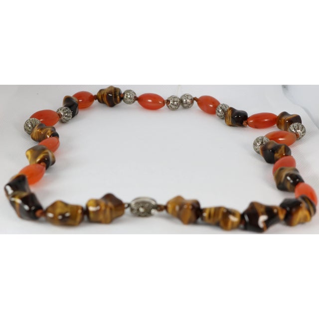 Metal Mid 20th Century Sterling, Carnelian & Tiger Eye Beads Carved Pendant Necklace For Sale - Image 7 of 9