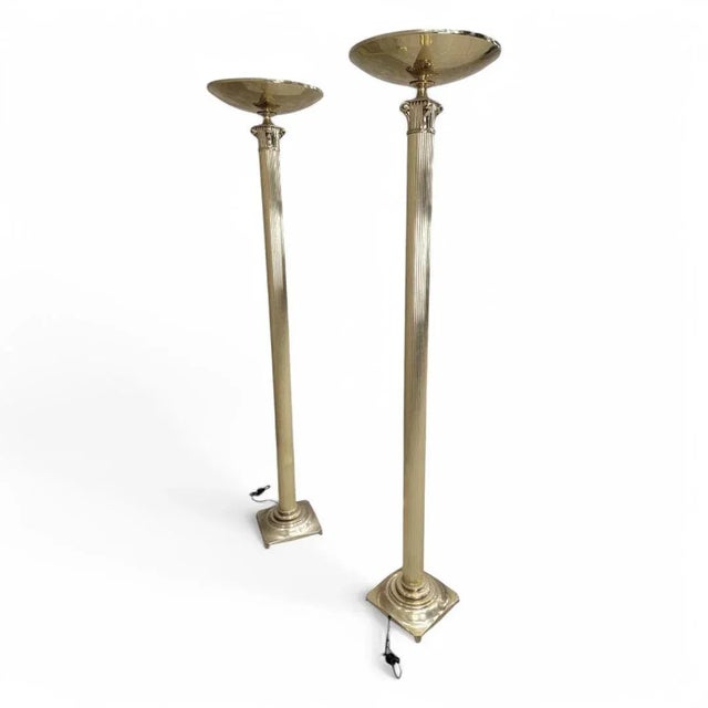 Rembrandt Lamp Company Vintage Art Deco Rembrandt Brass Corinthian Column Torchiere Floor Lamp - Pair For Sale - Image 4 of 10