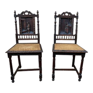 Early 20th Century Pair of Antique French Renaissance Style Carved Cane Seat Brittany Side Chairs