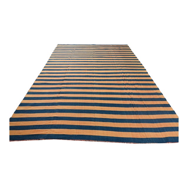 1950s Vintage Dhurrie Flat Weave in Blue and Orange Stripes by Rug & Kilim For Sale