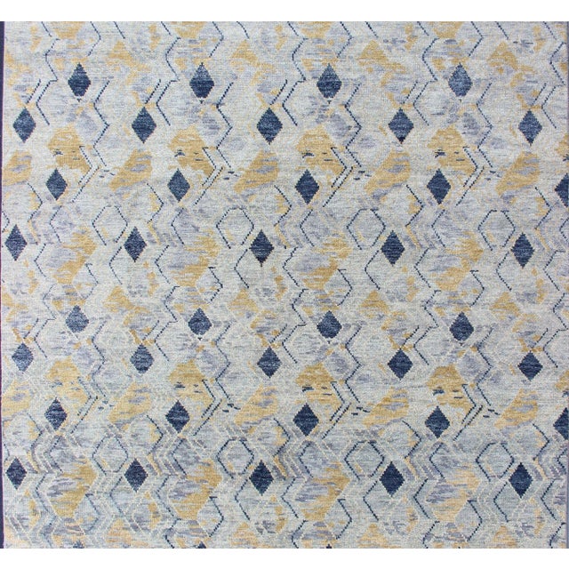 Large Modern Geometric Rug in Blue, Gray and Warm Gold Tones 9'3" X 12'3" For Sale - Image 4 of 12