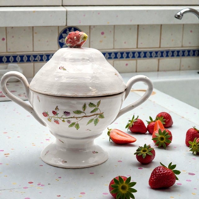 This vintage studio art pottery comport features a lidded form with dual handles, a pedestal base, and hand-applied...