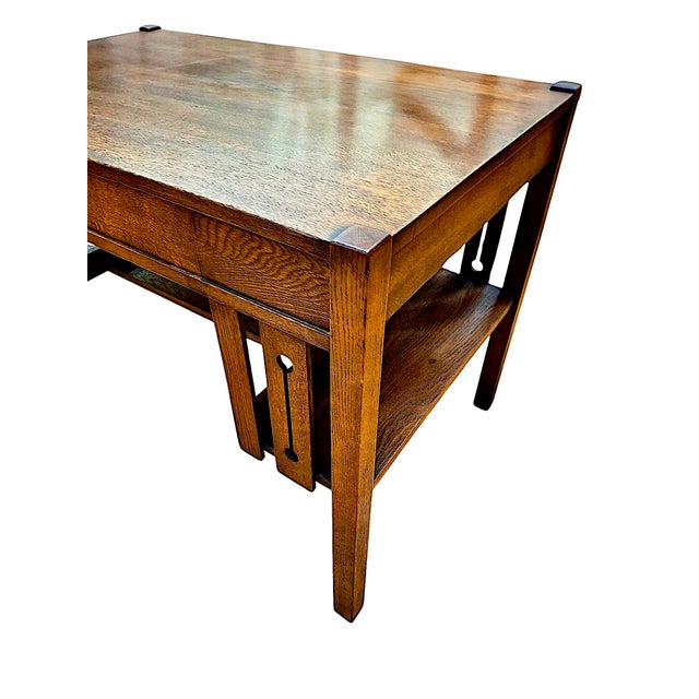 Wood Arts & Crafts Period Tiger Oak Library Desk For Sale - Image 7 of 8
