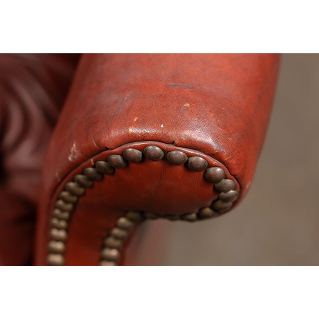 Vintage Wingback Tufted Leather Chesterfield Armchair in Burnt Red For Sale - Image 15 of 16