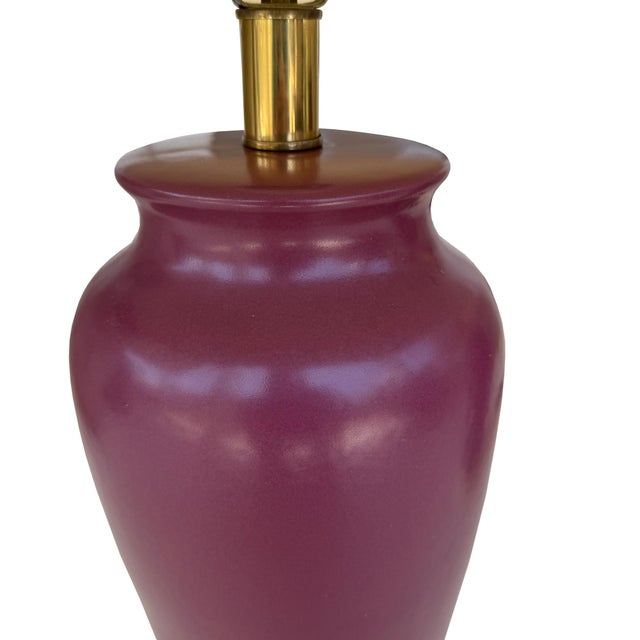 Vintage Sang De Boeuf Oxblood Glazed Ceramic and Brass Table Lamps With Shades - a Pair For Sale - Image 9 of 10