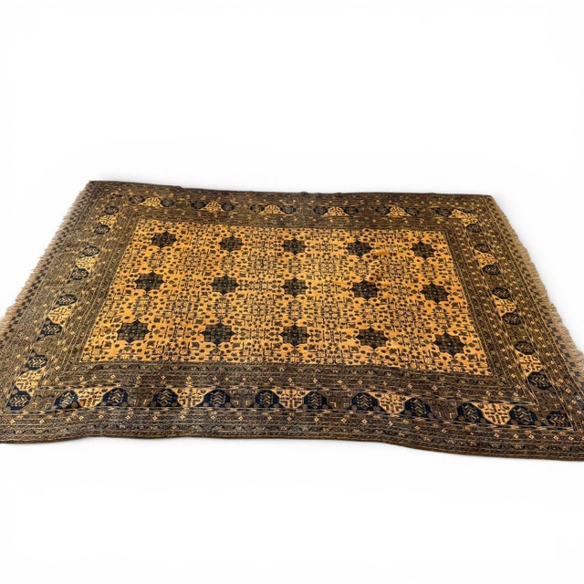 1980s Vintage Afghan Rug 9x10 – 8-Point Star Motif in Golden Beige, Brown & Blue For Sale - Image 5 of 5