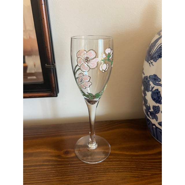 Glass Vintage Art Nouveau Perrier Jouet Hand Painted Floral Champagne Flutes - Design by Emile Galle - Set of 6 For Sale - Image 7 of 13