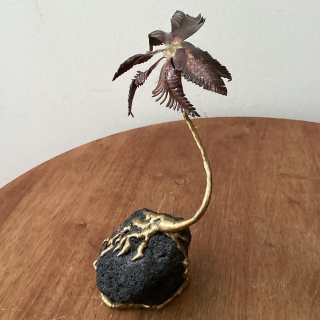 Metal Vintage Copper and Brass Palm Tree Sculpture Mounted on Lava Rock Base For Sale - Image 7 of 12