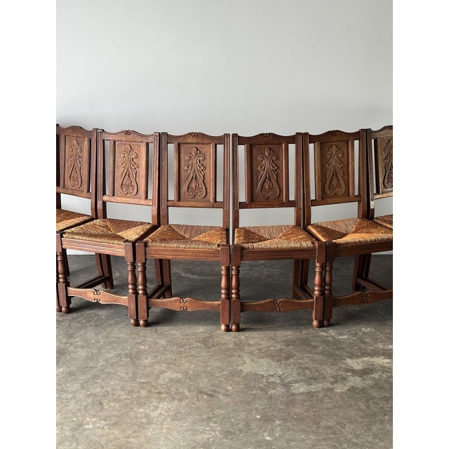 Early 20th Century French Carved Oak Rush Seat Dining Chairs, Set of 8 For Sale - Image 4 of 18