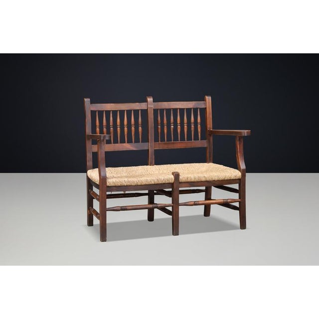 French Patinated Beech and Rush 2-Seat Bench, France, 1950s For Sale - Image 9 of 11