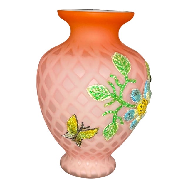 Antique Victorian Pink Satin Art Glass Vase Coralene Floral Bee Butterfly 6” For Sale